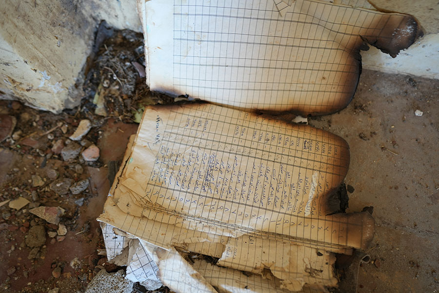 Farmers’ records left damaged at the Gezira Scheme field office in Al-Hosh block. 29 April 2025. Medani, Al Jazirah State, Sudan. Photo credit: FAO/Abdirahman Issack.